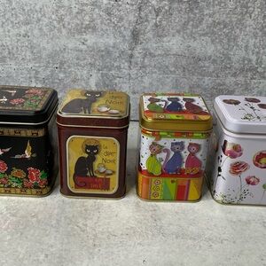 Lot/4 Decorative Cats Birds & Floral Rectangle Tin Herb Tea Box Approx. 3”x4”